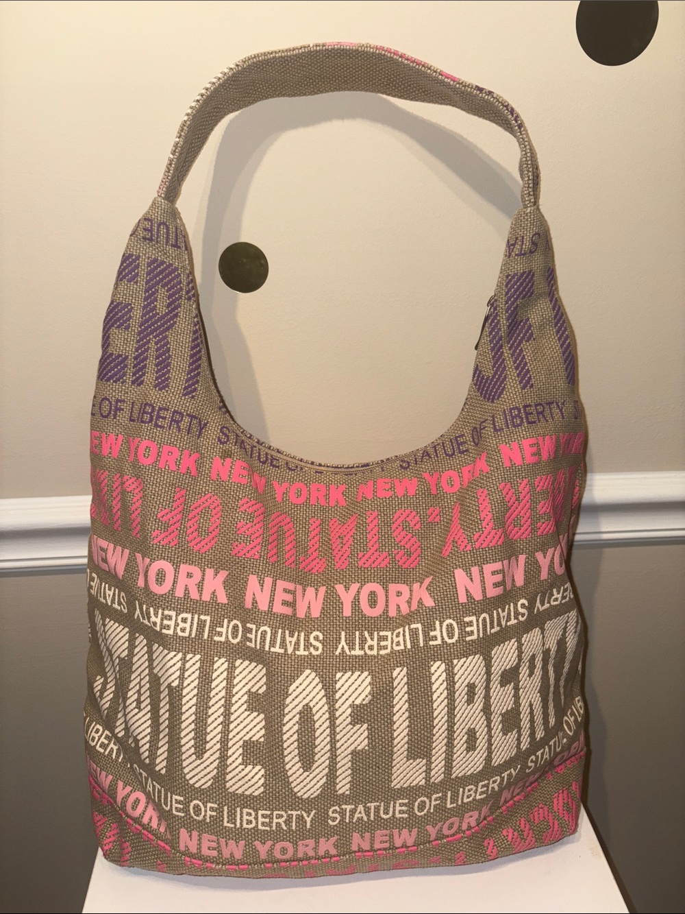 Robin Ruth Beige Canvas Hobo with Pink & Purple Text